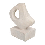 Libra Interiors Grainy Abstract Stacked Organic Sculpture in white resin with a curved biomorphic form and open cut-out on a square plinth base.