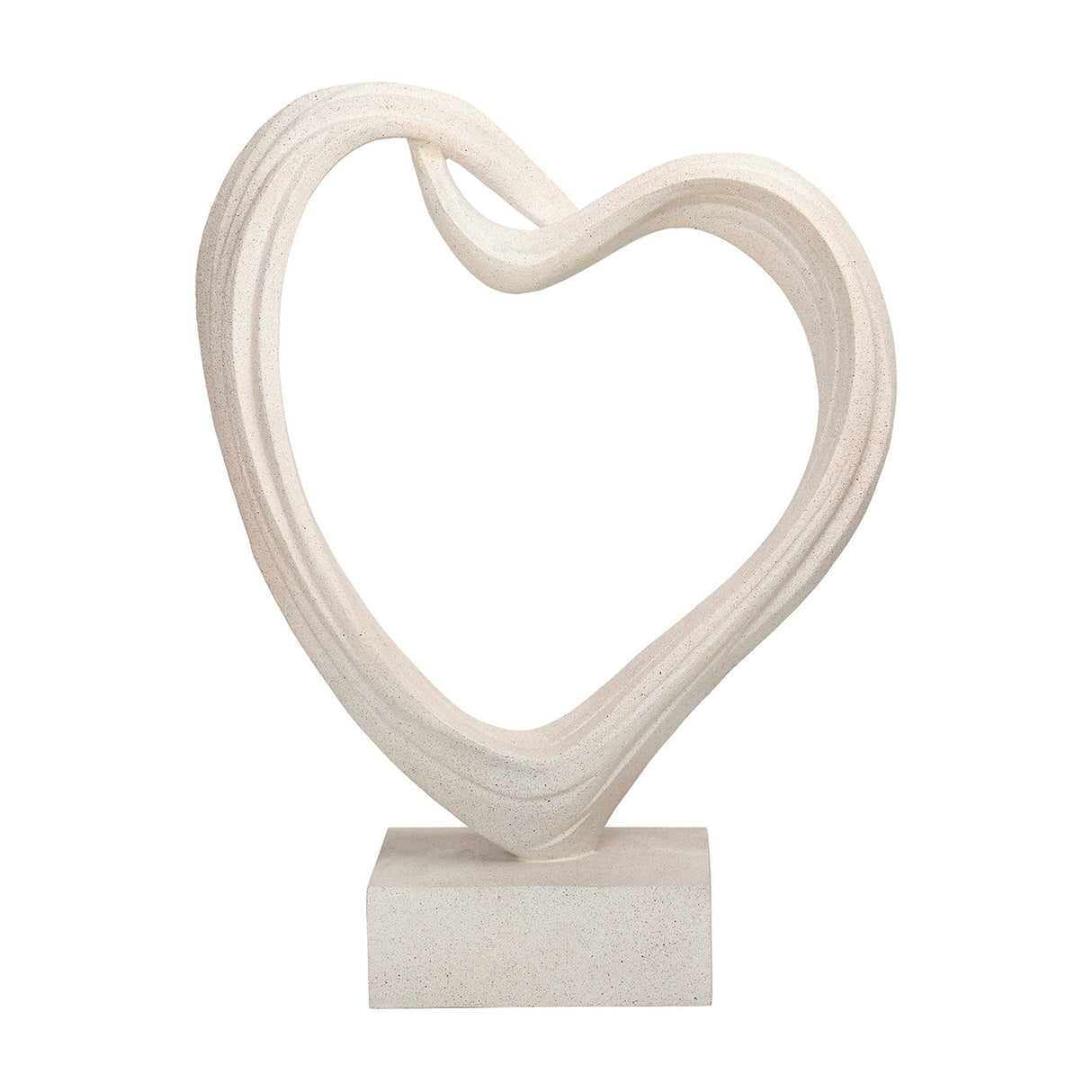 Libra Interiors Grainy Resin Abstract Heart Sculpture in white with a twisted open form on a square base, shown against a plain white background.