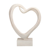 Libra Interiors Grainy Resin Abstract Heart Sculpture in white with a twisted open form on a square base, shown against a plain white background.