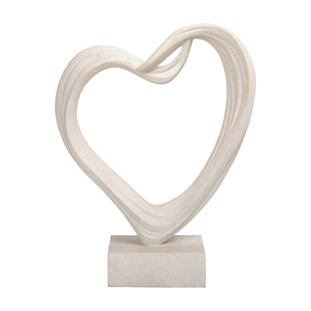 Libra Interiors Grainy Resin Abstract Heart Sculpture in white with a twisted open form and square base, shown on a plain background.