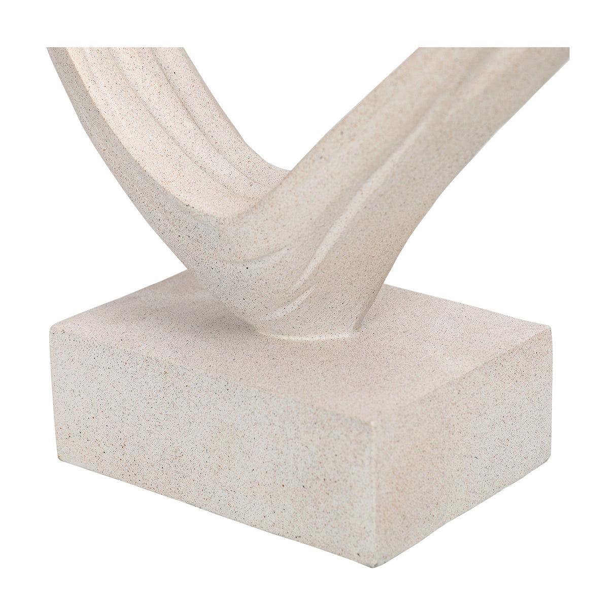 Close-up of the square base and lower curves of the Libra Interiors Grainy Resin Abstract Heart Sculpture in white, showing its sandy, grainy texture.