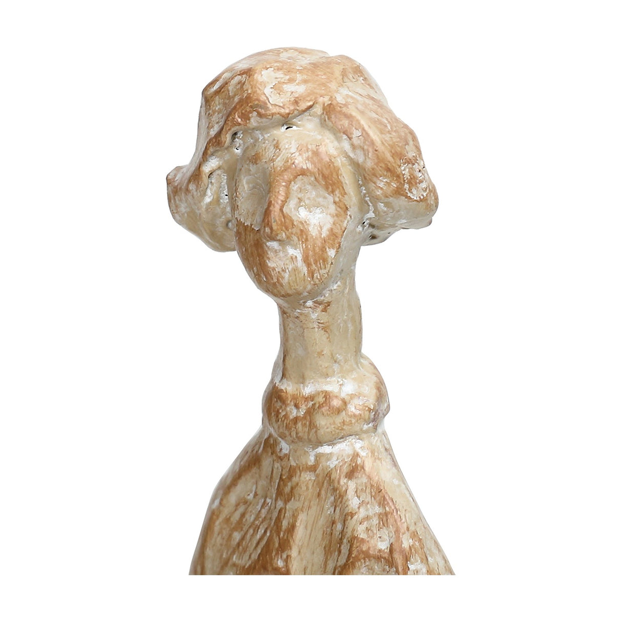 Close-up of the Libra Interiors Carved Resin Figural Family Sculpture in brown, with a stylised elongated head, shoulders and white-washed carved texture.