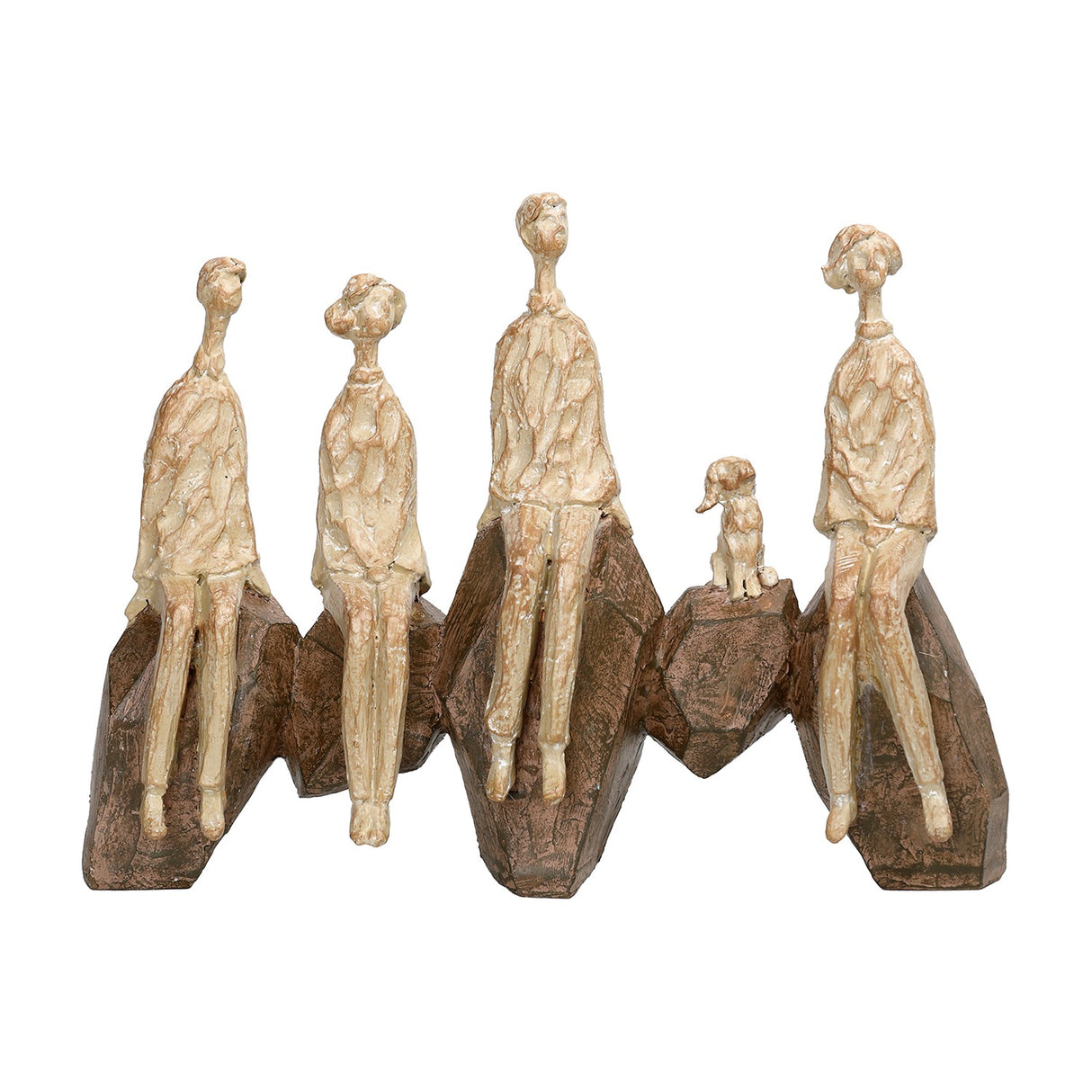 Libra Interiors Carved Resin Figural Family Sculpture in brown, four elongated figures and a small dog seated on angular rock forms, on a white background.