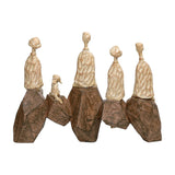 Libra Interiors Carved Resin Figural Family Sculpture in brown, five stylised figures and a small dog on angular rock bases, on a white background.