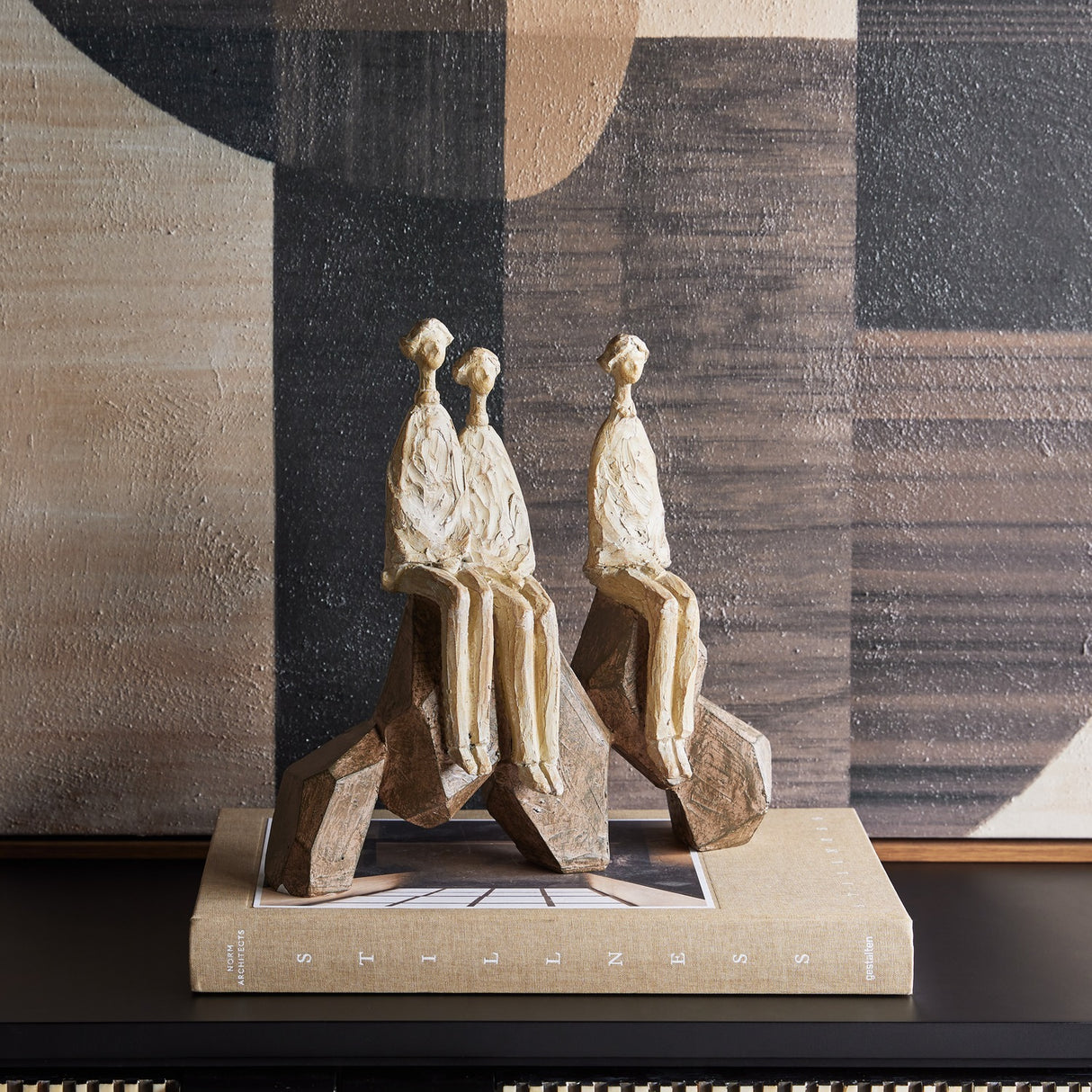 Carved Resin Family Group Sculpture – Brown