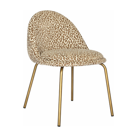 Libra Interiors Woven Animal Print dining chair in beige and taupe jacquard fabric with curved back and slim antique gold brass legs, on white.