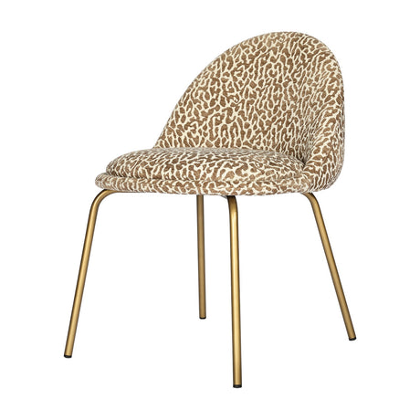 Libra Interiors Woven Animal Print dining chair in beige and taupe jacquard fabric with a curved back and slim antique gold steel legs.