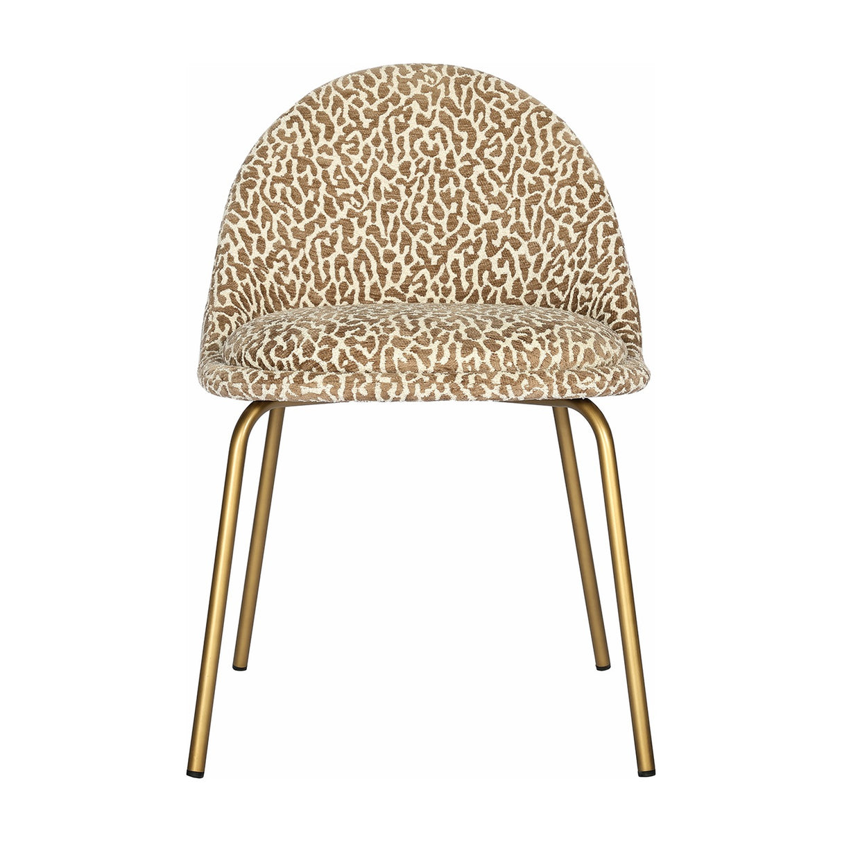 Libra Interiors Woven Animal Print dining chair in beige and taupe jacquard fabric with curved back, rounded seat and slim antique gold steel legs.