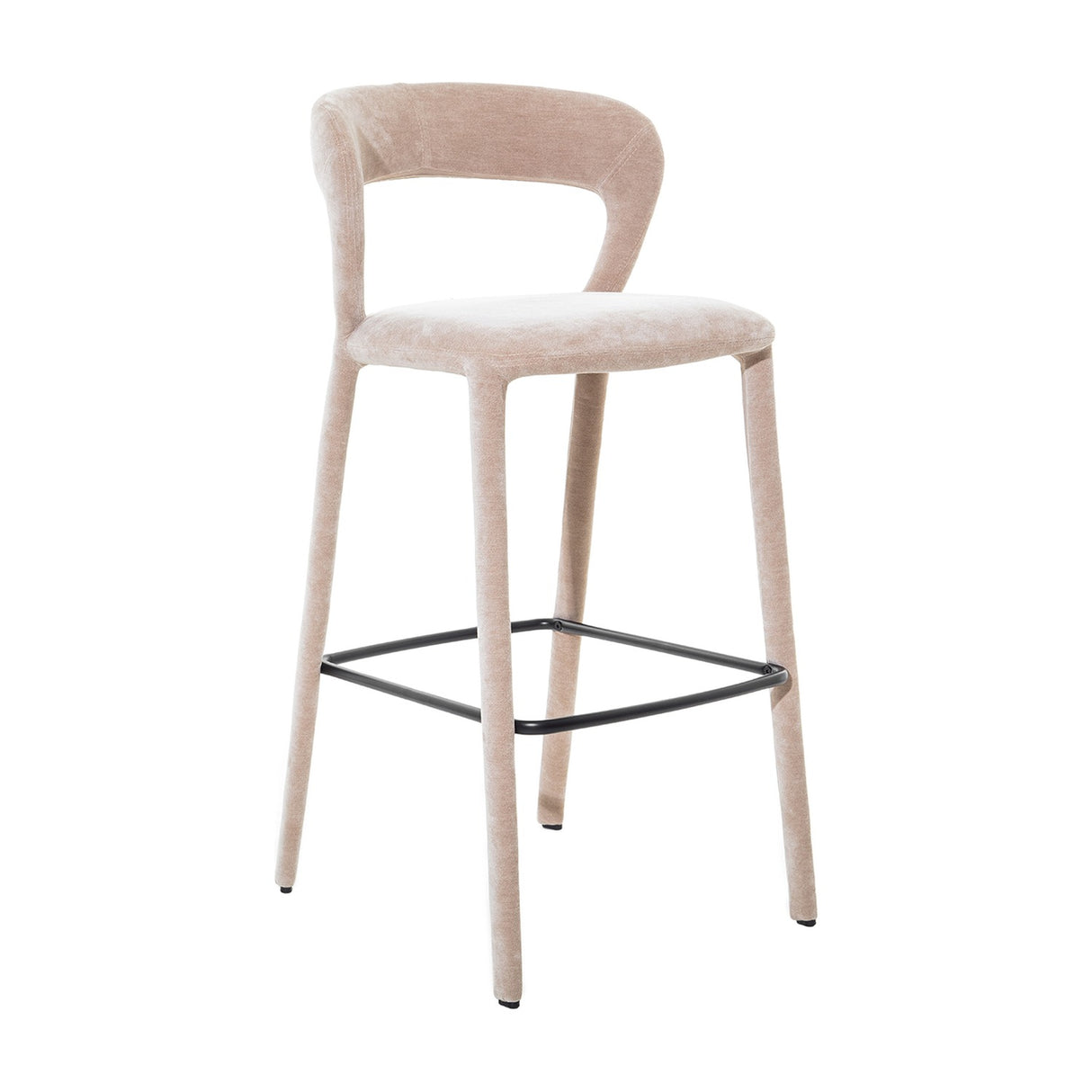 Libra Interiors Velvet Wrapped Curved Back Bar Stool in taupe, with sculptural open back, fabric-covered tapered legs and black powder coated footrest.