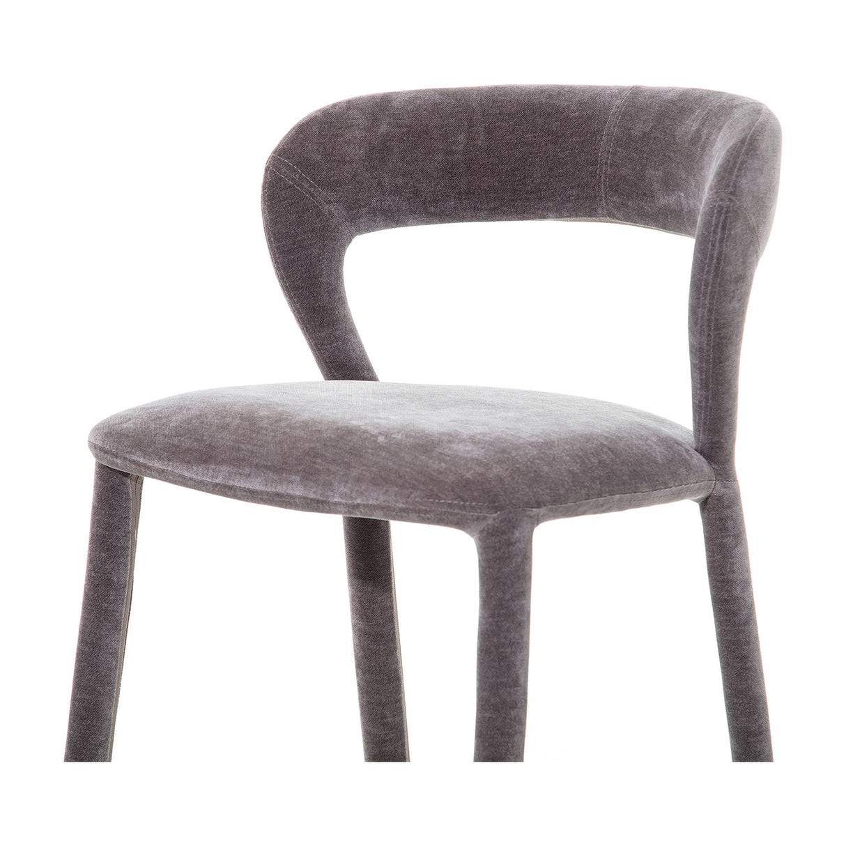Libra Interiors Velvet Curved-Back Bar Stool in grey with a low curved backrest, padded seat and fabric-wrapped slender legs, shown on a white background.