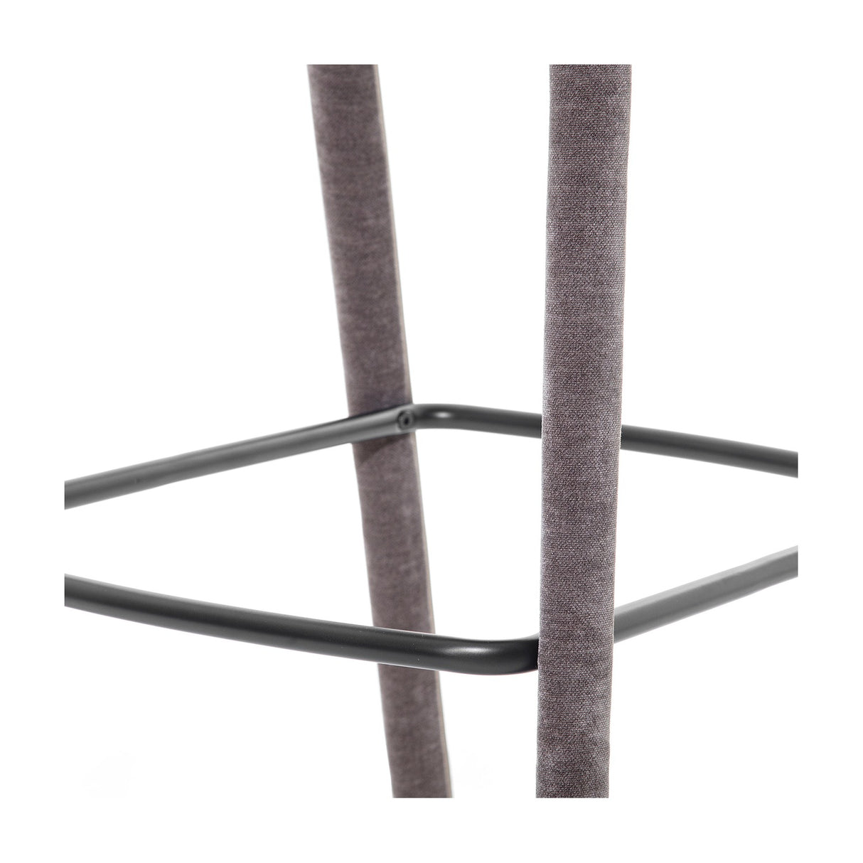 Libra Interiors grey velvet curved-back bar stool with fabric-wrapped legs and black powder-coated steel footrest on a white background.