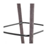 Libra Interiors grey velvet curved-back bar stool with fabric-wrapped legs and black powder-coated steel footrest on a white background.