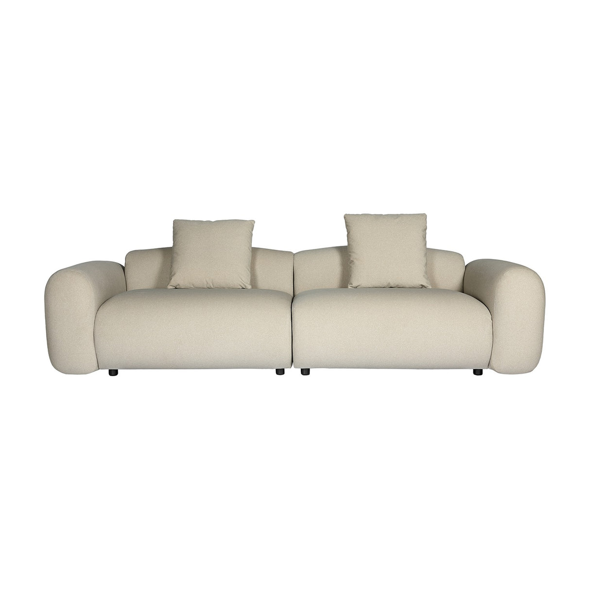 Libra Interiors Brushed Velvet 3 Seater Modular Sofa in cream with rounded arms, two-part build and two matching cushions on a plain white background.