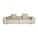 Libra Interiors Brushed Velvet 3 Seater Modular Sofa in cream with rounded arms, two-part build and two matching cushions on a plain white background.