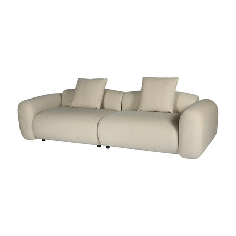 Libra Interiors Brushed Velvet 3 Seater Modular Sofa in cream with rounded arms, two-part seat design and two matching cushions on a white background.