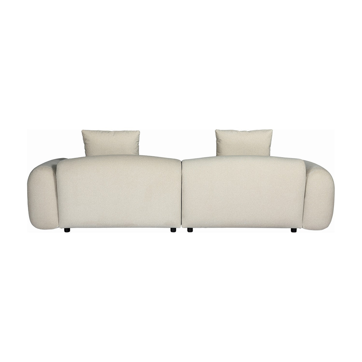 Rear view of the Libra Interiors Brushed Velvet 3 Seater Modular Sofa in cream, showing rounded arms, two back cushions and dark feet on a white background.