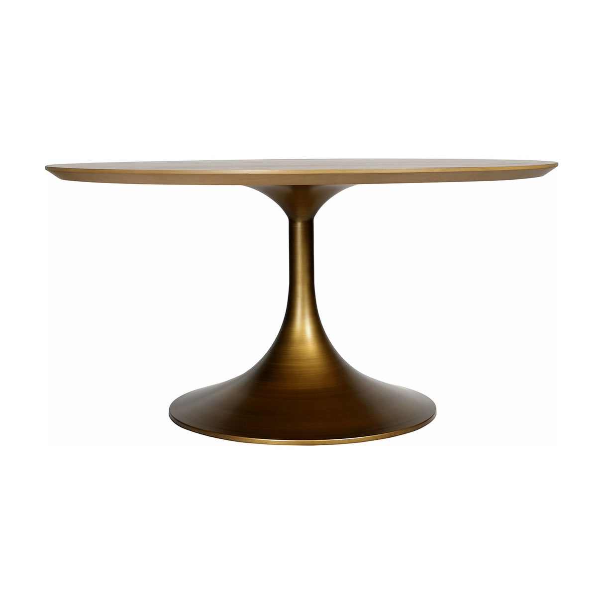 Libra Interiors Brushed Brass Pedestal Round Dining Table with light wood top and flared antique brass central column, on a plain white background.
