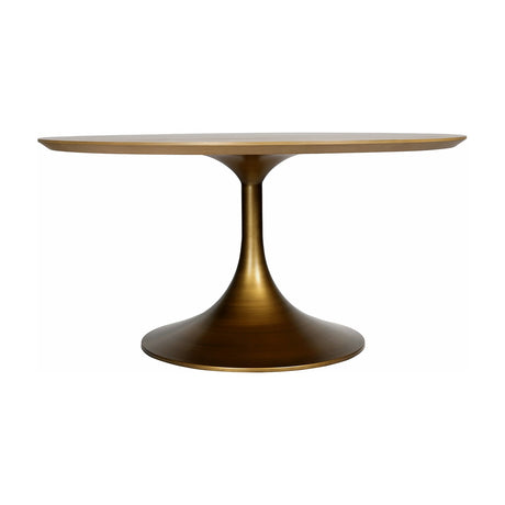 Libra Interiors Brushed Brass Pedestal Round Dining Table with light wood top and flared antique brass central column, on a plain white background.