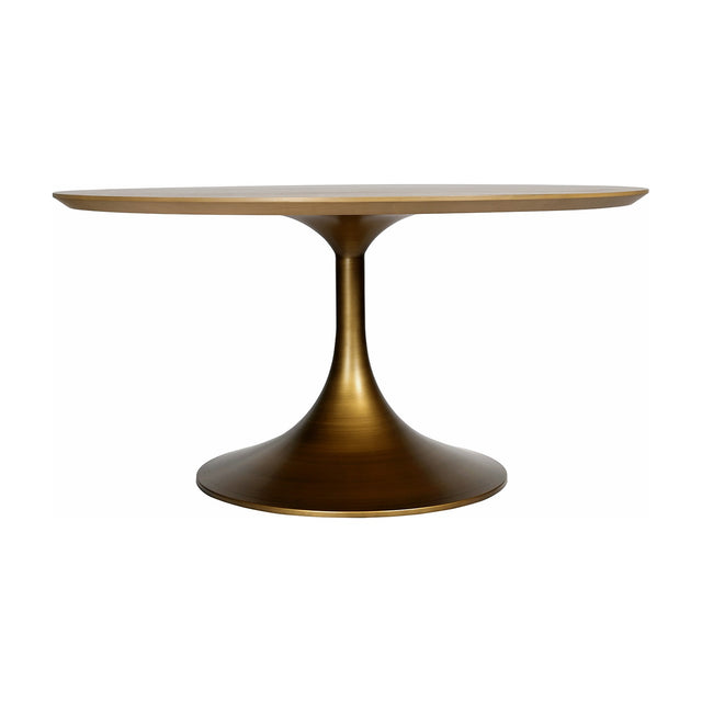 Libra Interiors Brushed Brass Pedestal Round Dining Table with light wood top and flared antique brass central column, on a plain white background.