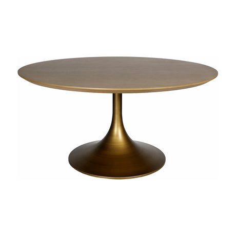 Libra Interiors Brushed Brass Pedestal Round Dining Table with a light wood grain top and flared antique brass central column, on a white background.