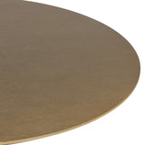 Close-up of the Libra Interiors Brushed Brass Pedestal Round Dining Table top, showing the circular wood surface with light grain and antique brass tone.