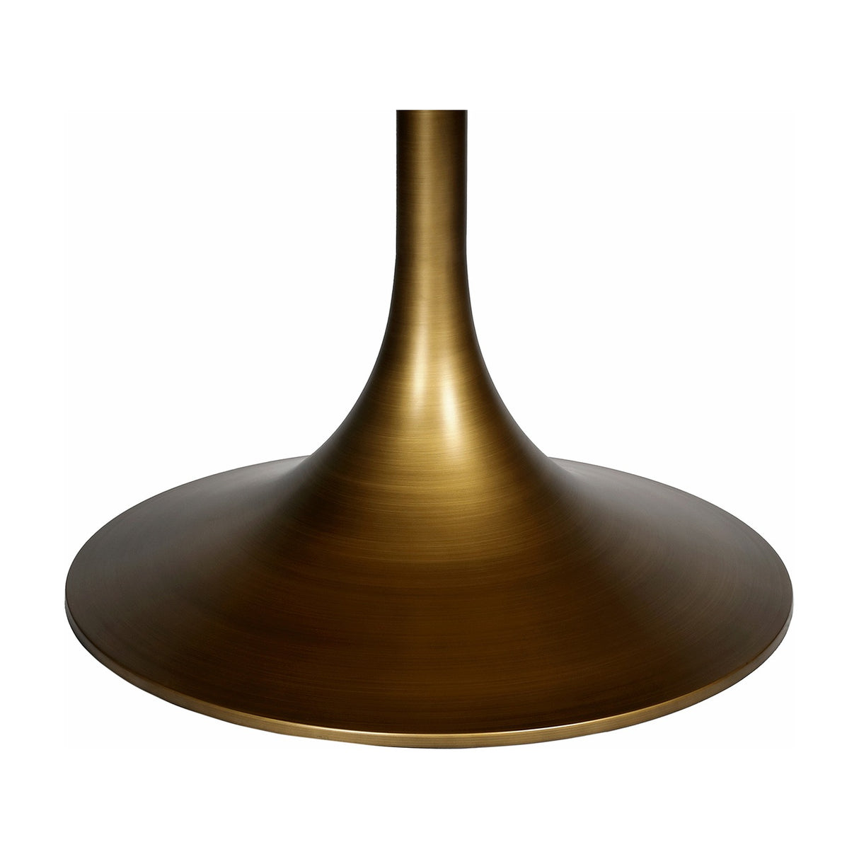 Libra Interiors Brushed Brass Pedestal Round Dining Table base close-up showing the flared antique brass pedestal and slim central column on white.