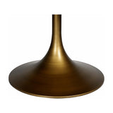 Libra Interiors Brushed Brass Pedestal Round Dining Table base close-up showing the flared antique brass pedestal and slim central column on white.