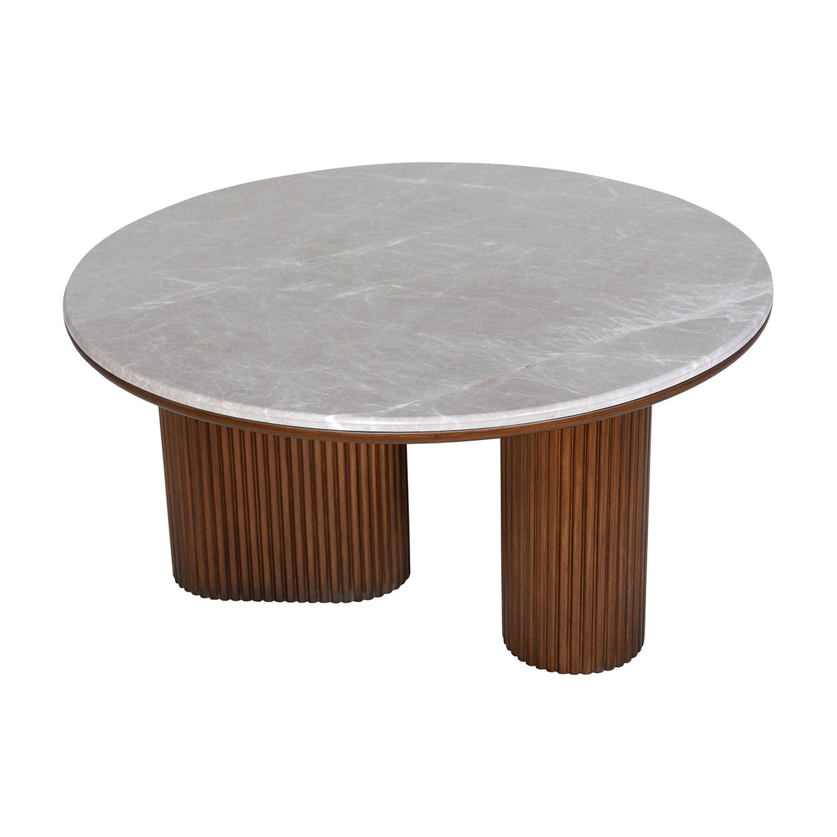 Libra Interiors Marble Top Fluted Walnut Round Coffee Table with pebble grey marble surface on two fluted walnut cylindrical pedestals.
