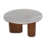 Libra Interiors Marble Top Fluted Walnut Round Coffee Table with pebble grey marble surface on two fluted walnut cylindrical pedestals.