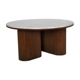 Libra Interiors Marble Top Fluted Walnut Round Coffee Table with pebble grey marble surface and twin fluted walnut pedestal base on a white background.
