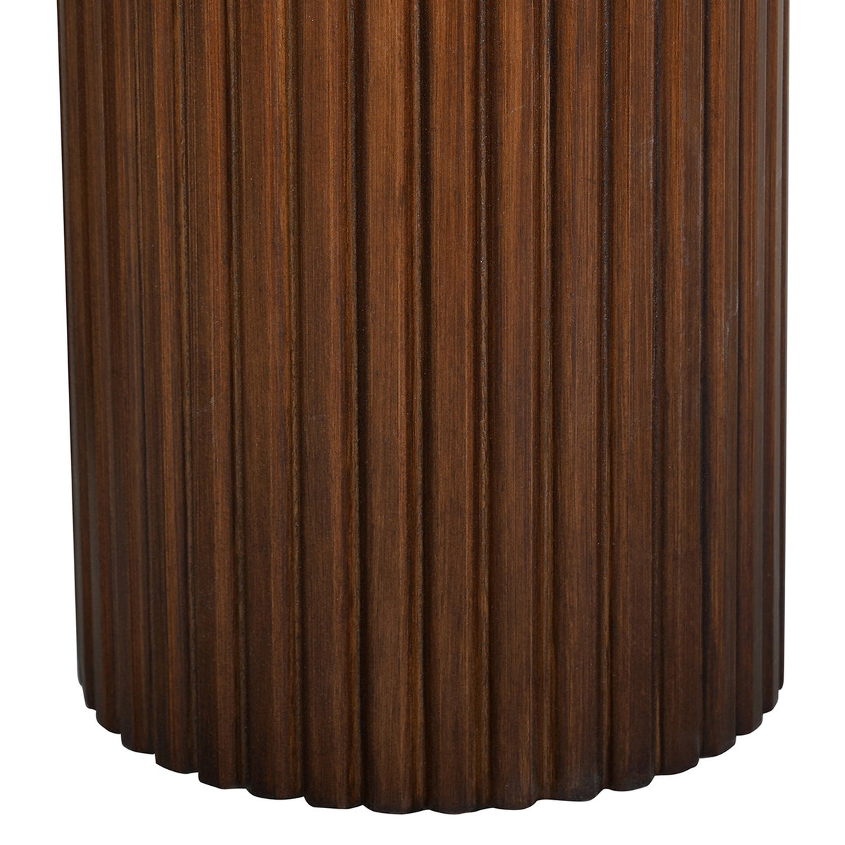 Close-up of the fluted walnut-finished cylindrical pedestal base on the Libra Interiors Marble Top Fluted Walnut Round Coffee Table.
