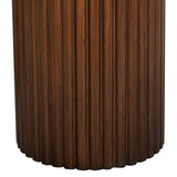Close-up of the fluted walnut-finished cylindrical pedestal base on the Libra Interiors Marble Top Fluted Walnut Round Coffee Table.