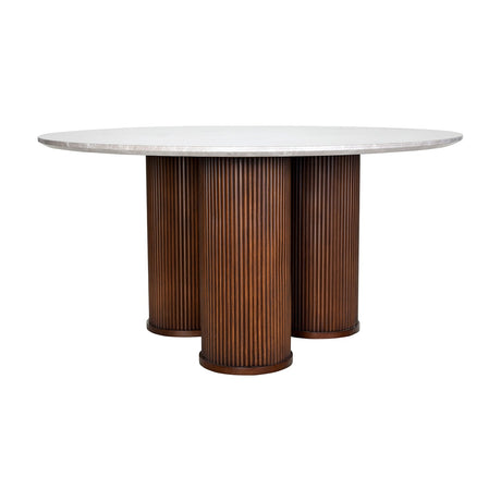 Libra Interiors Fluted Marble Top Round Dining Table in grey with a polished marble surface on three fluted walnut-toned rubberwood cylindrical legs.