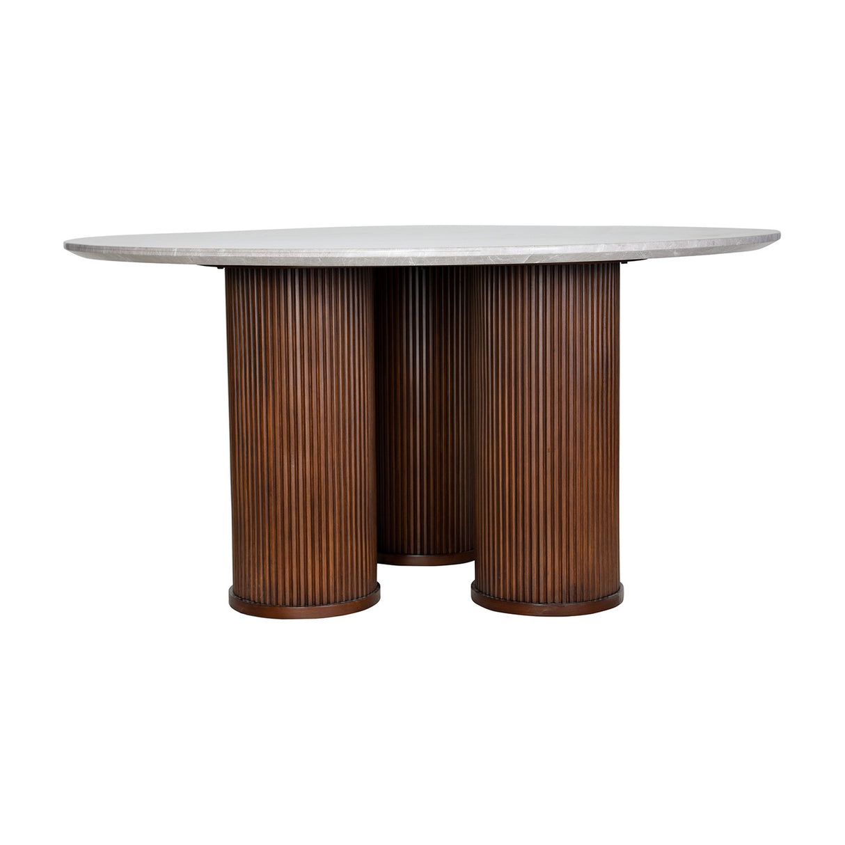 Libra Interiors Fluted Marble Top Round Dining Table with grey marble surface and three fluted walnut-toned rubberwood cylindrical legs on a white background.