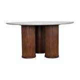 Libra Interiors Fluted Marble Top Round Dining Table with grey marble surface and three fluted walnut-toned rubberwood cylindrical legs on a white background.