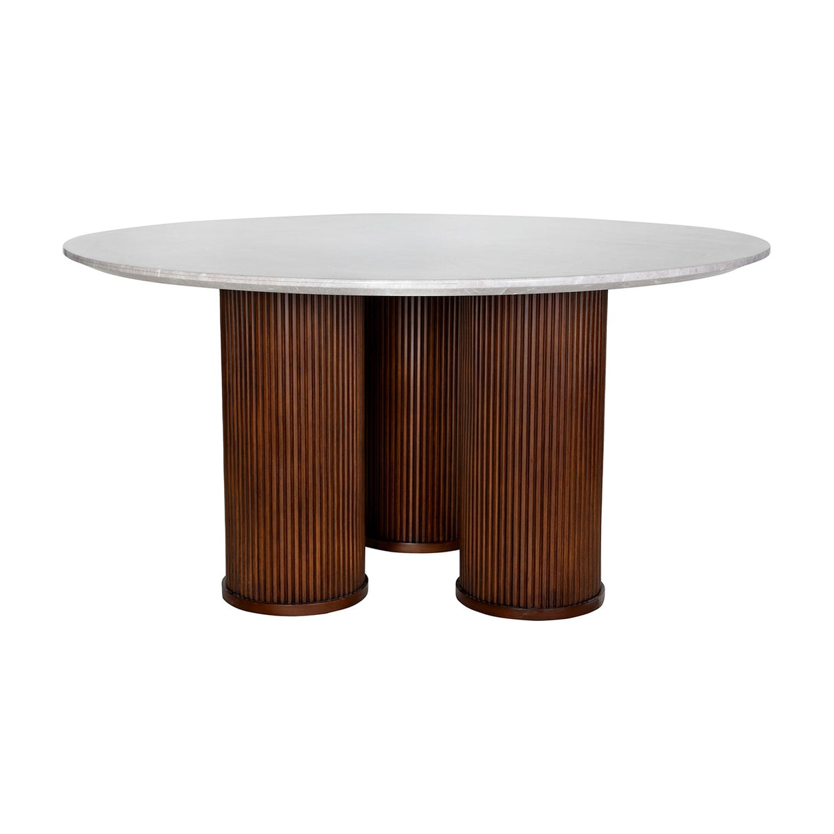 Libra Interiors Fluted Marble Top Round Dining Table in grey with pebble marble surface and three fluted walnut-toned rubberwood cylindrical legs.