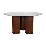 Libra Interiors Fluted Marble Top Round Dining Table in grey with pebble marble surface and three fluted walnut-toned rubberwood cylindrical legs.