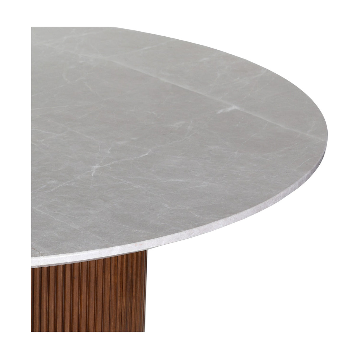 Close-up of Libra Interiors Fluted Marble Top Round Dining Table showing the grey veined marble surface and fluted walnut-toned rubberwood base.