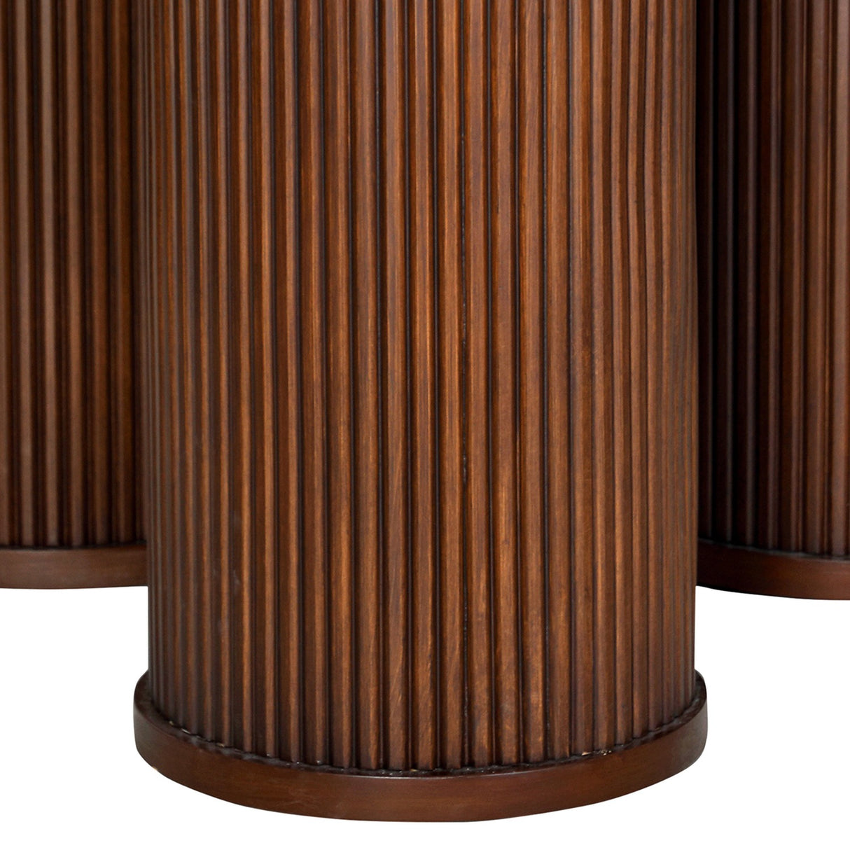 Close-up of the fluted walnut-toned rubberwood cylindrical legs on the Libra Interiors Fluted Marble Top Round Dining Table, showing vertical grooved detailing.