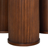 Close-up of the fluted walnut-toned rubberwood cylindrical legs on the Libra Interiors Fluted Marble Top Round Dining Table, showing vertical grooved detailing.