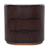 Libra Interiors Fluted Walnut Marble-Top Bedside Table in brown with honed grey marble top, three drawers, antique brass handles and curved fluted base.