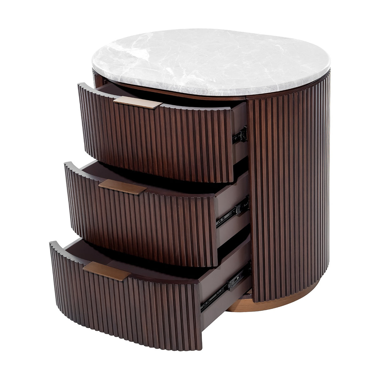 Libra Interiors Fluted Walnut Marble-Top Bedside Table in brown with three open fluted drawers, antique brass handles and honed grey marble top.