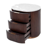 Libra Interiors Fluted Walnut Marble-Top Bedside Table in brown with three open fluted drawers, antique brass handles and honed grey marble top.