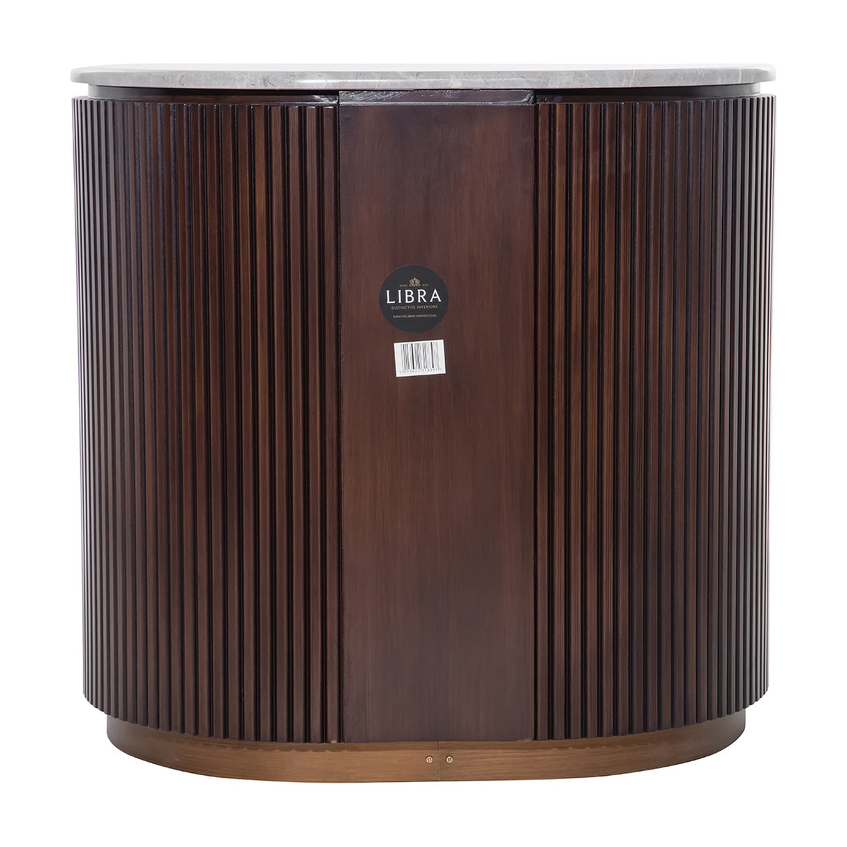 Libra Interiors Fluted Walnut Marble-Top Bedside Table in brown with pebble grey marble top, vertical fluted walnut body and antique brass base.