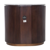 Libra Interiors Fluted Walnut Marble-Top Bedside Table in brown with pebble grey marble top, vertical fluted walnut body and antique brass base.