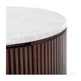 Close-up of Libra Interiors Fluted Walnut Marble-Top Bedside Table showing the honed pebble grey marble top and vertical fluted walnut base.