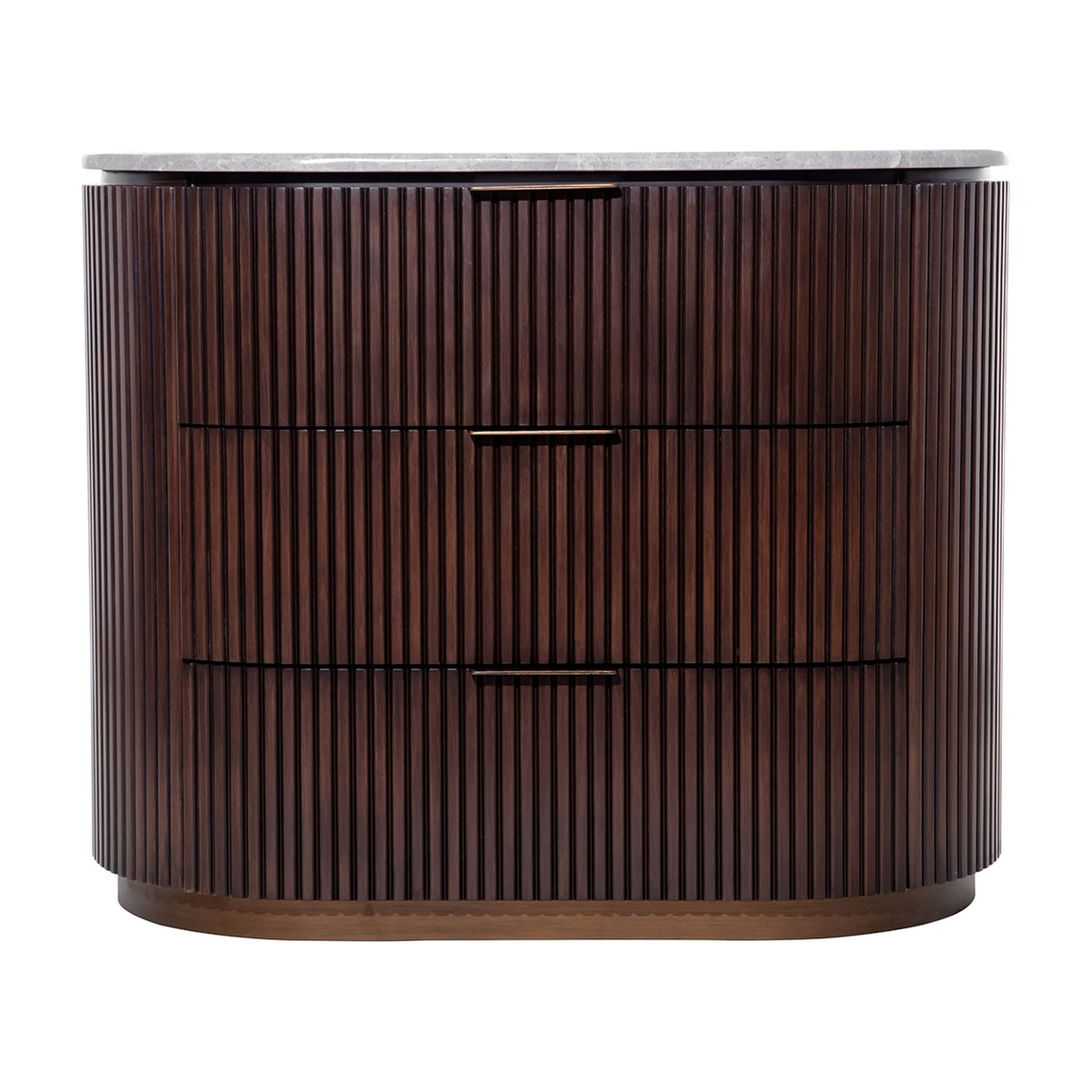 Libra Interiors Fluted Walnut Marble-Top Chest of Drawers in brown with three drawers, antique brass handles and pebble grey marble top on a plain background.