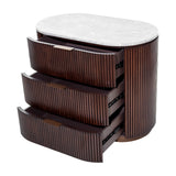 Libra Interiors Fluted Walnut Marble-Top Chest of Drawers in brown with three open fluted drawers, antique brass handles and pebble grey marble top.