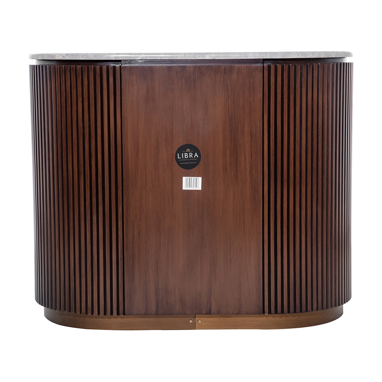 Libra Interiors Fluted Walnut Marble-Top Chest of Drawers in brown with curved rubberwood body, vertical fluting and pebble grey marble top, rear view.