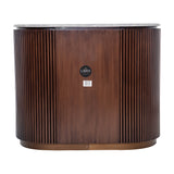 Libra Interiors Fluted Walnut Marble-Top Chest of Drawers in brown with curved rubberwood body, vertical fluting and pebble grey marble top, rear view.